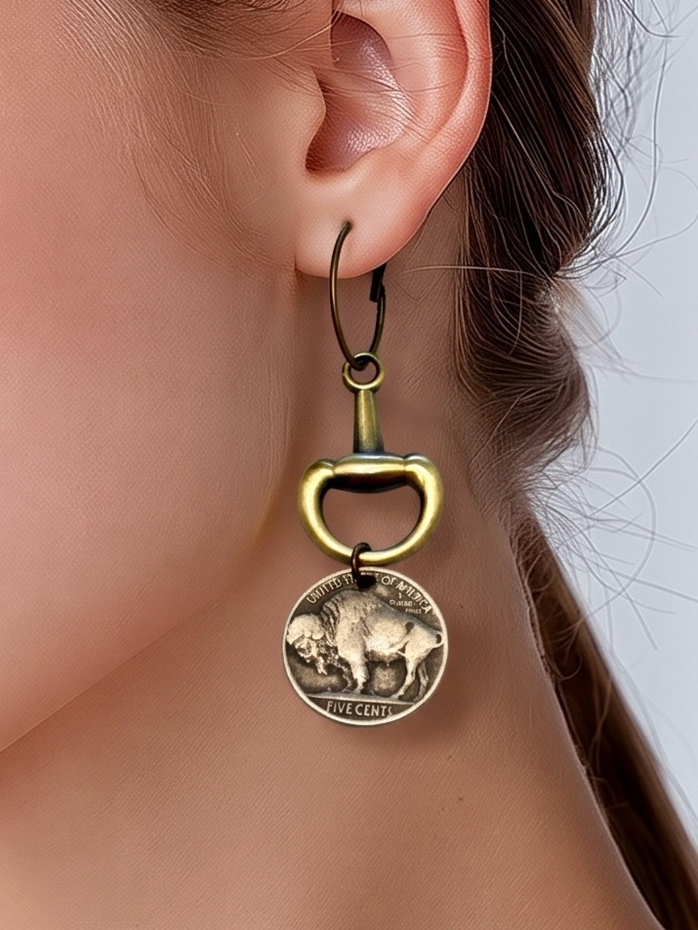 Antique Brass Buffalo Nickel Horse Bit Drop Earrings